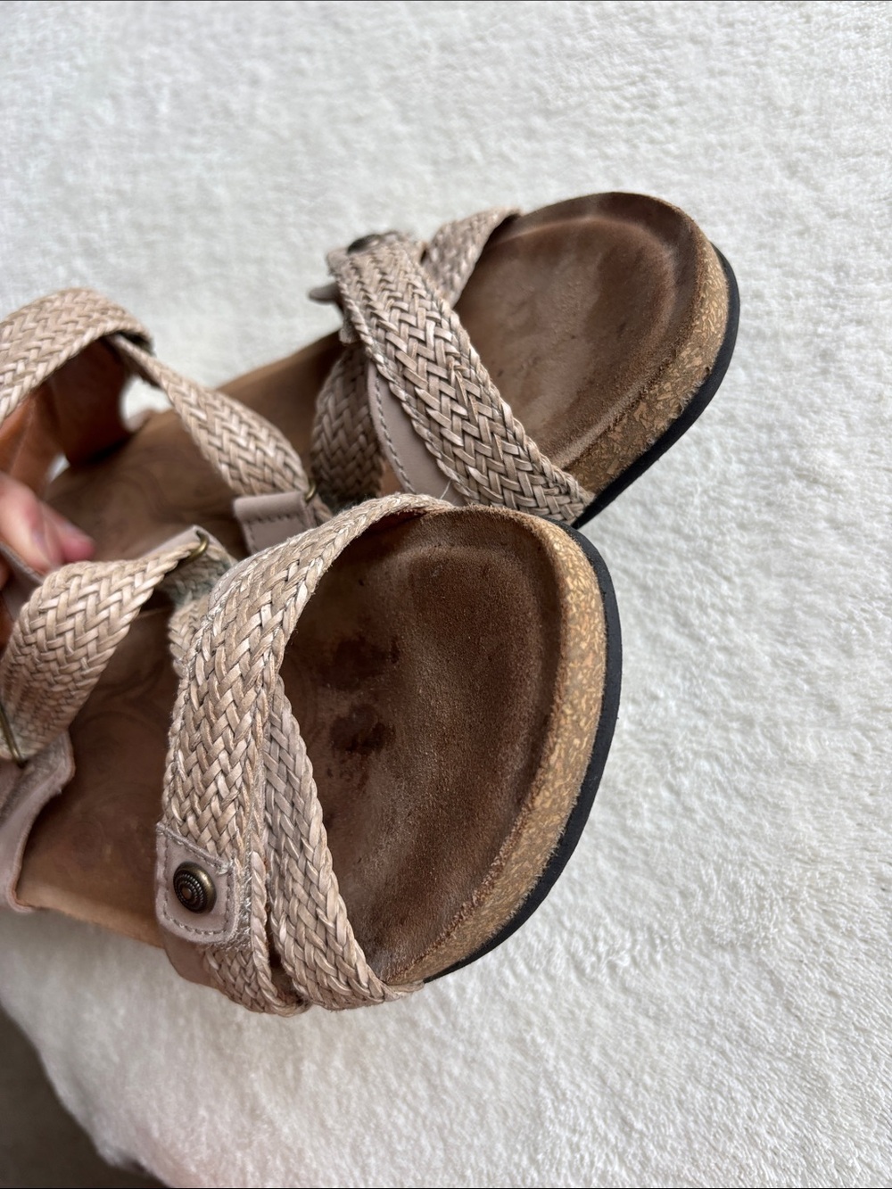 Taos Trulie Sandals Women's 10 Beige Tan Leather Strappy Braided Wedge Cork - Picture 8 of 8